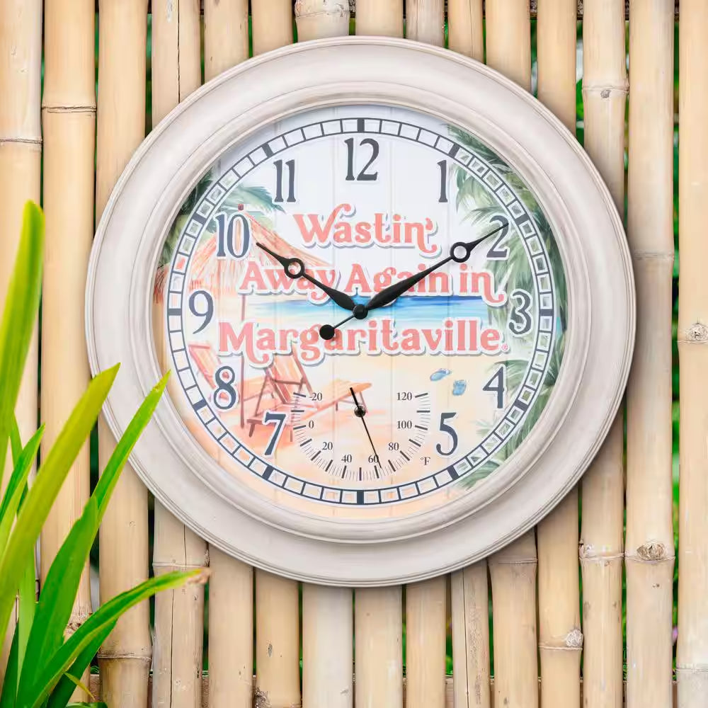 26.2 In. Indoor/Outdoor Whitewashed Margaritaville Analog Quartz Wall Clock with Temperature