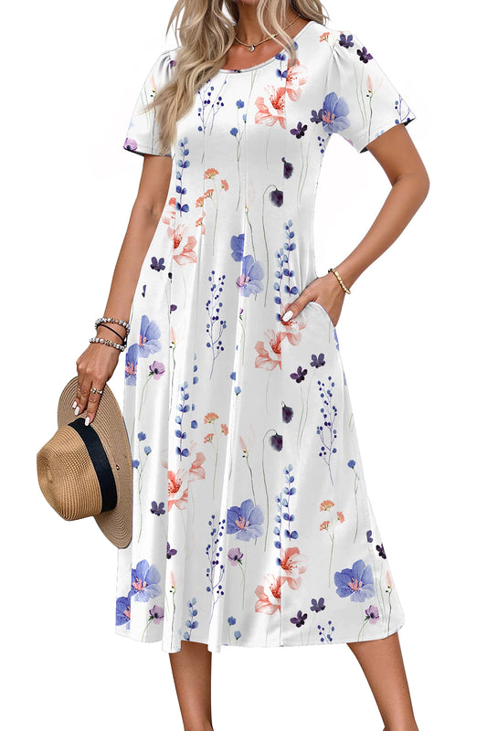 Summer Dresses for Women Casual Short Sleeve Pleated Dress Flowy Floral Dress with Pockets Flare Midi Sundress