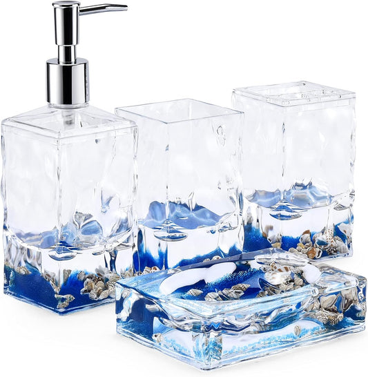 4 Piece Acrylic Liquid 3D Floating Motion Bathroom Vanity Accessory Set Oceam Theme Shell Toothbrush Holder, Tumbler, Soap Dispenser, Soap Dish