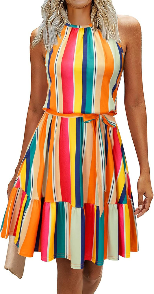 Womens 2026 Summer Dress Halter Wedding Guest Casual Beach Vacation Outfits Belted Sundresses with Pockets