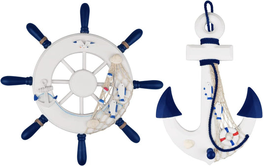 2 Pack 13" Nautical Beach Wooden Ship Wheel and 13" Wood Anchor with Rope Nautical Boat Steering Wheel Rudder Anchor Wall Decor Door Hanging Ornaments Beach Theme Home Wall Decoration
