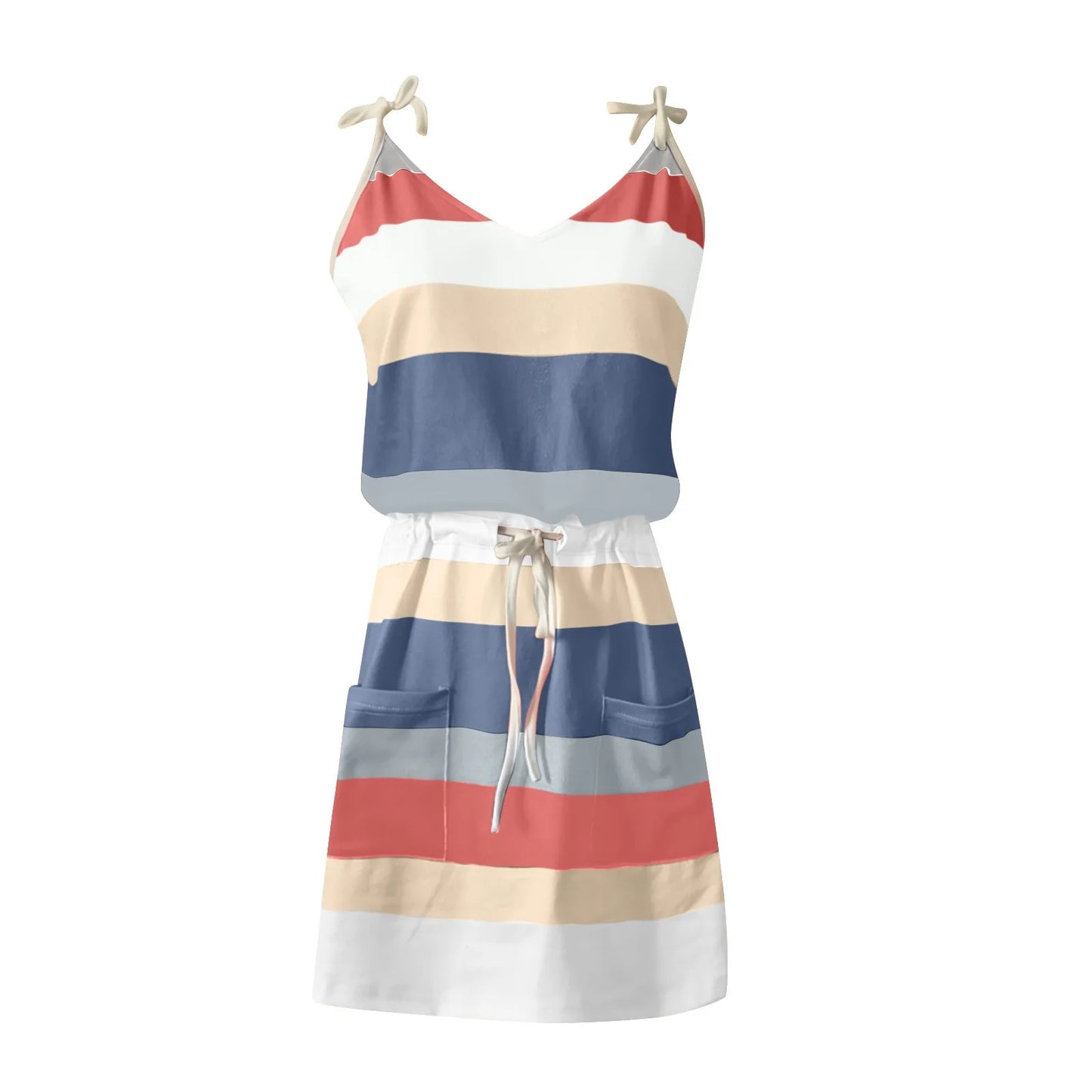 Usmixi Womens Summer Mini Sundress Vacation Floral Print Drawstring Pocket Short Dress V Neck Sleeveless Spaghetti Strap Dresses for Beach Blue M