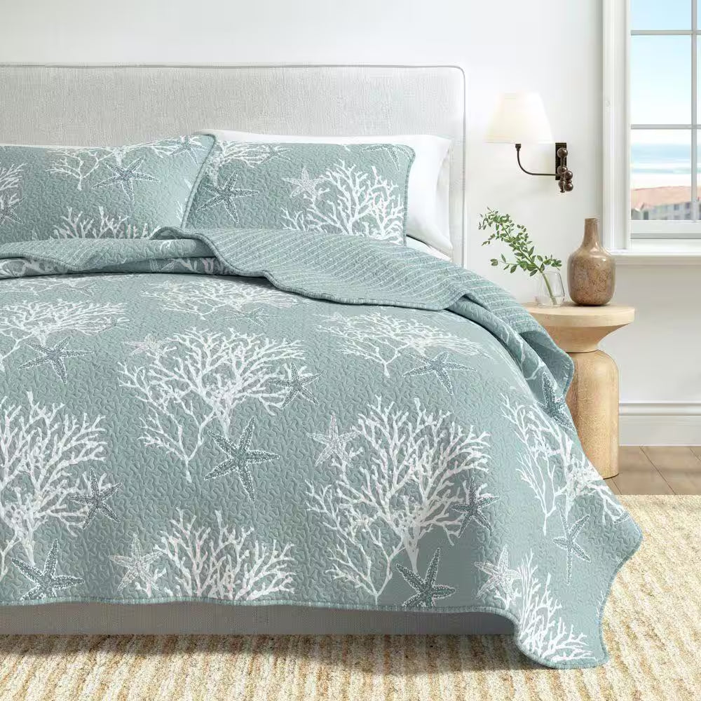 Blue Reversible Coastal Themed Twin Microfiber 2-Piece Quilt Set Bedspread