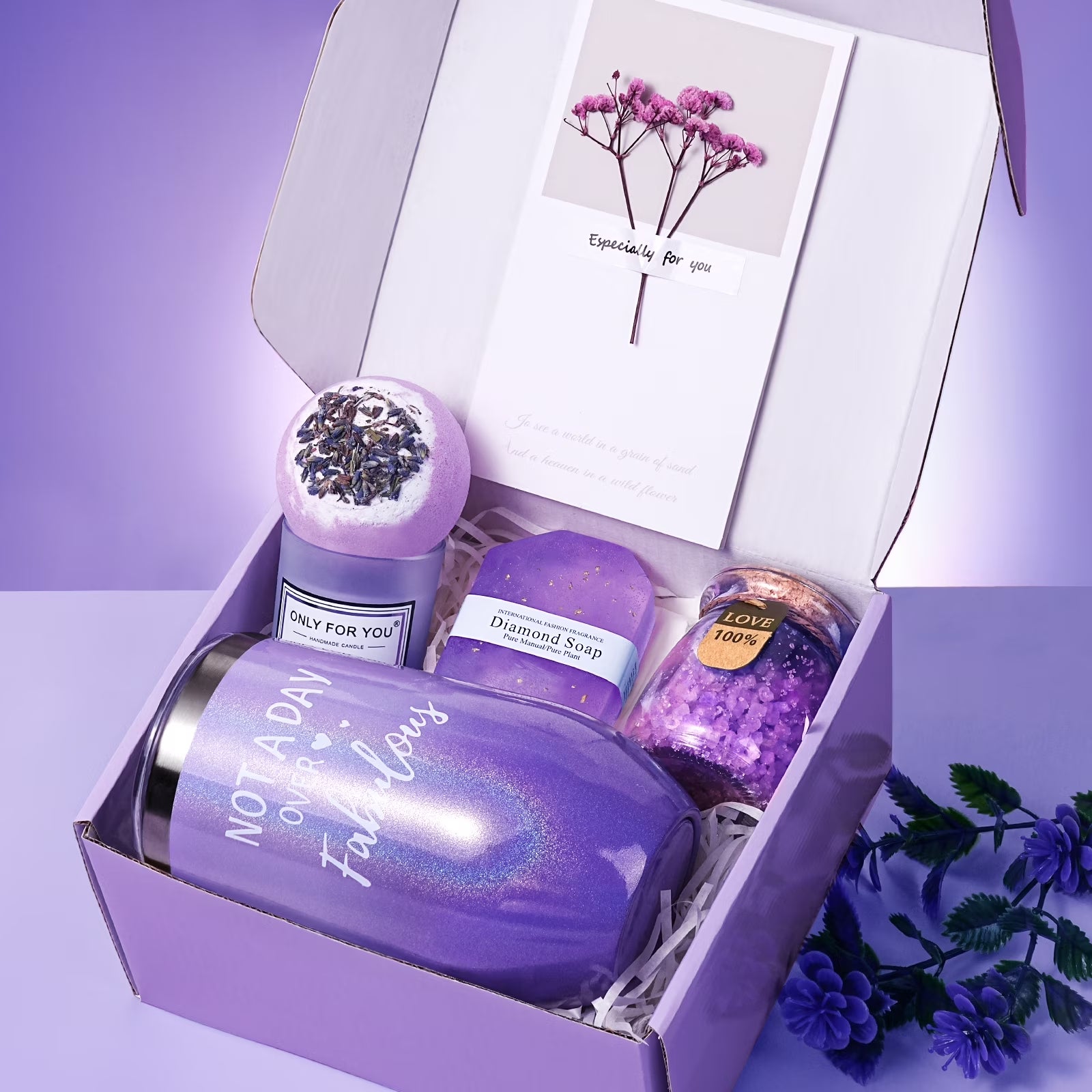 Gifts for Mom,Women,Wife, Girlfriend, Sister, Friends, Her -Mothers Day Gifts ,Unique Birthday, Christmas, Valentine'S Day - Initial Lavender Spa Gift Basket Set (Purple)