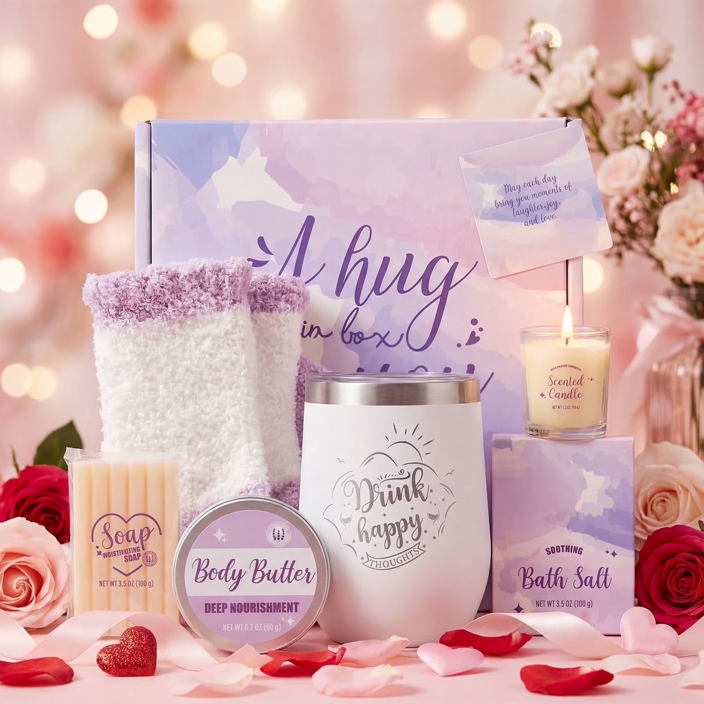 Spa Gift Sets for Women, 9 Pcs Lavender Bath Set Relaxing Birthday Mothers Day Gifts Baskets for Mom with Stainless Steel Tumbler