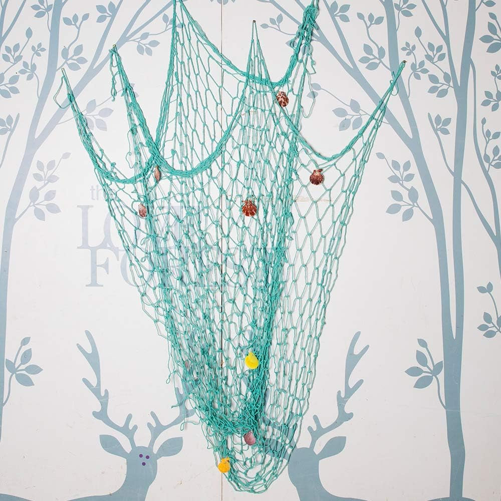 Nature Fish Net Wall Decoration with Shells, Ocean Themed Wall Hangings Fishing Net Party Decor for Pirate Party,Wedding,Photographing Decoration (Aqua)