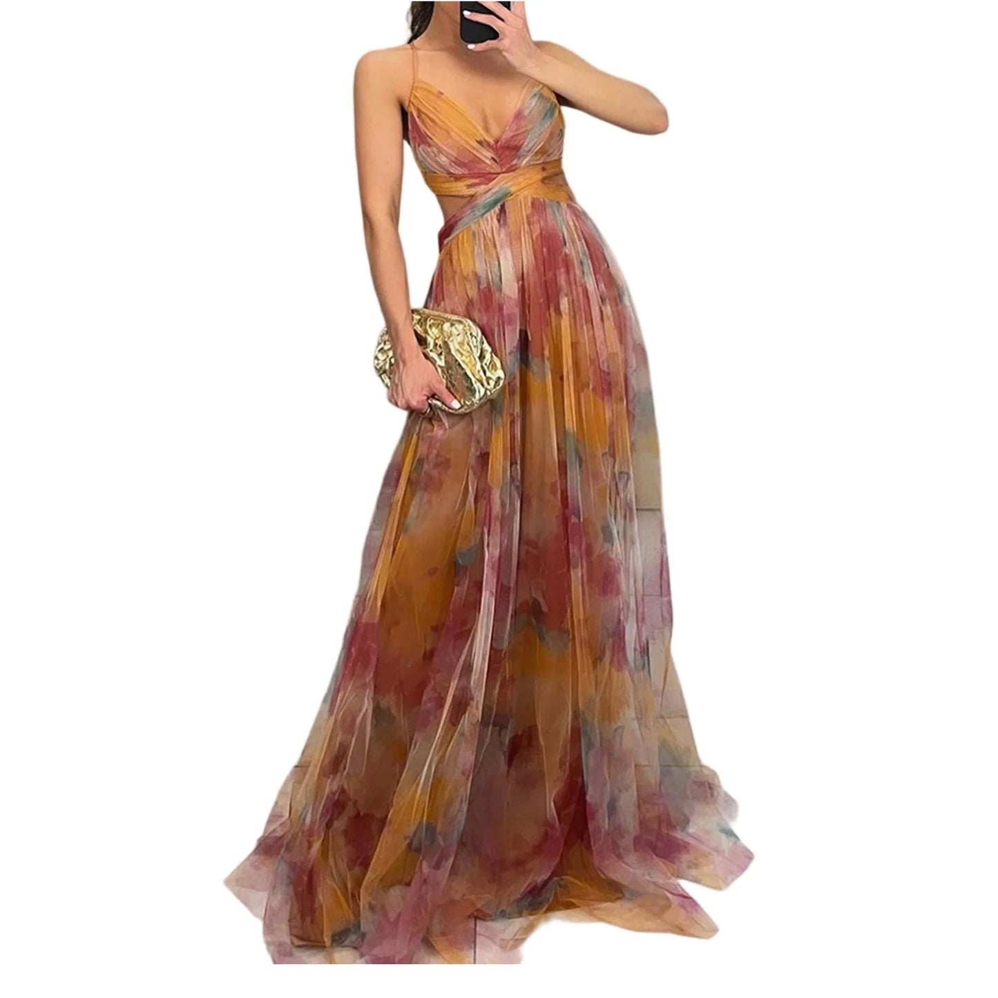 Women'S Floral Tulle Wedding Guest Dress Spaghetti Straps V Neck a Line Formal Colorful Cocktail Maxi Dresses Saffron L