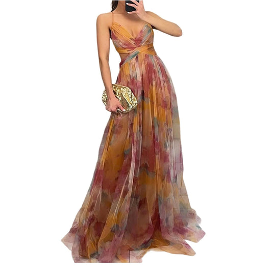 Women'S Floral Tulle Wedding Guest Dress Spaghetti Straps V Neck a Line Formal Colorful Cocktail Maxi Dresses Saffron L