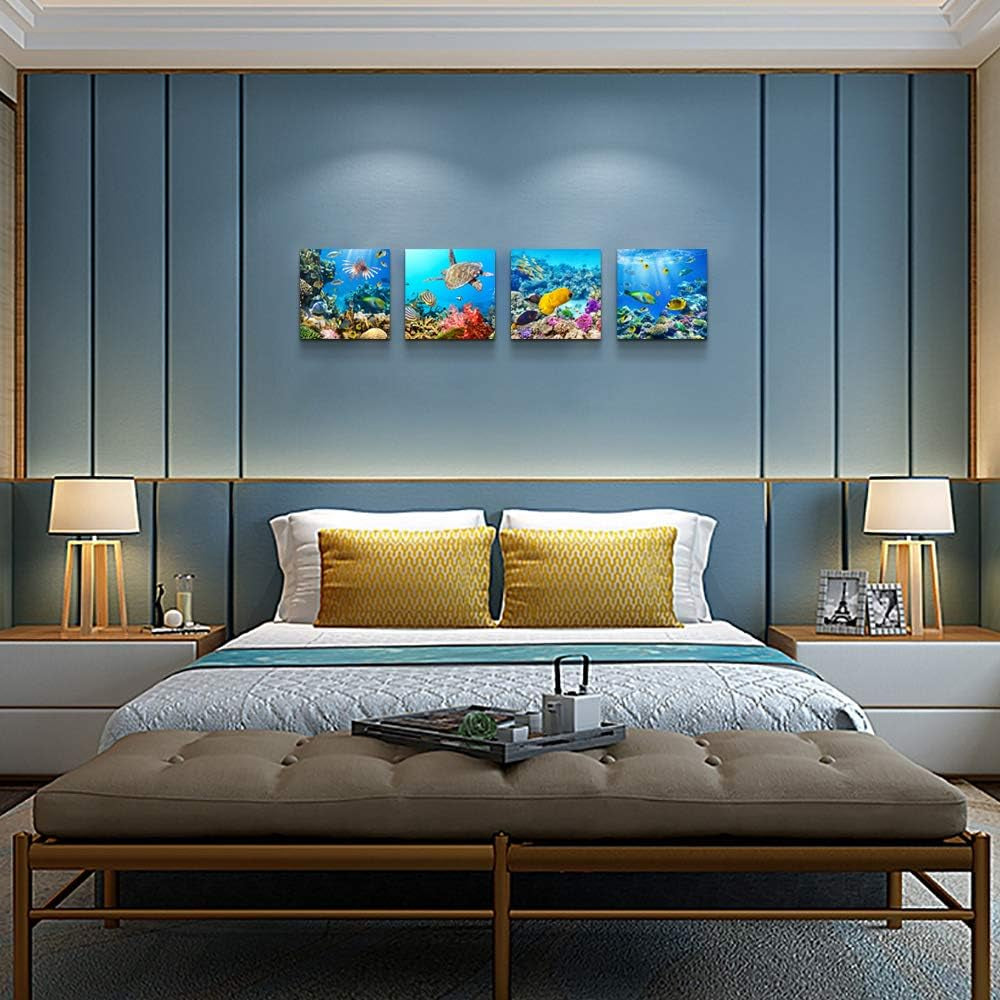 Bathroom Wall Decor Canvas Wall Art for Living Room Office Decor Modern Bedroom Home Decor 4 Panels Stretched and Framed Ready to Hang Blue Ocean Theme Sea Fish and Sea Turtles Undersea World Draw