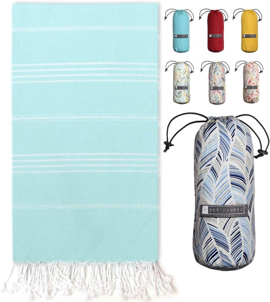 Turkish Beach Towel with Travel Bag 39 X 71 Quick Dry Sand Free Lightweight Large Oversized Towels Light - (Aqua with Blue Floral Bag)