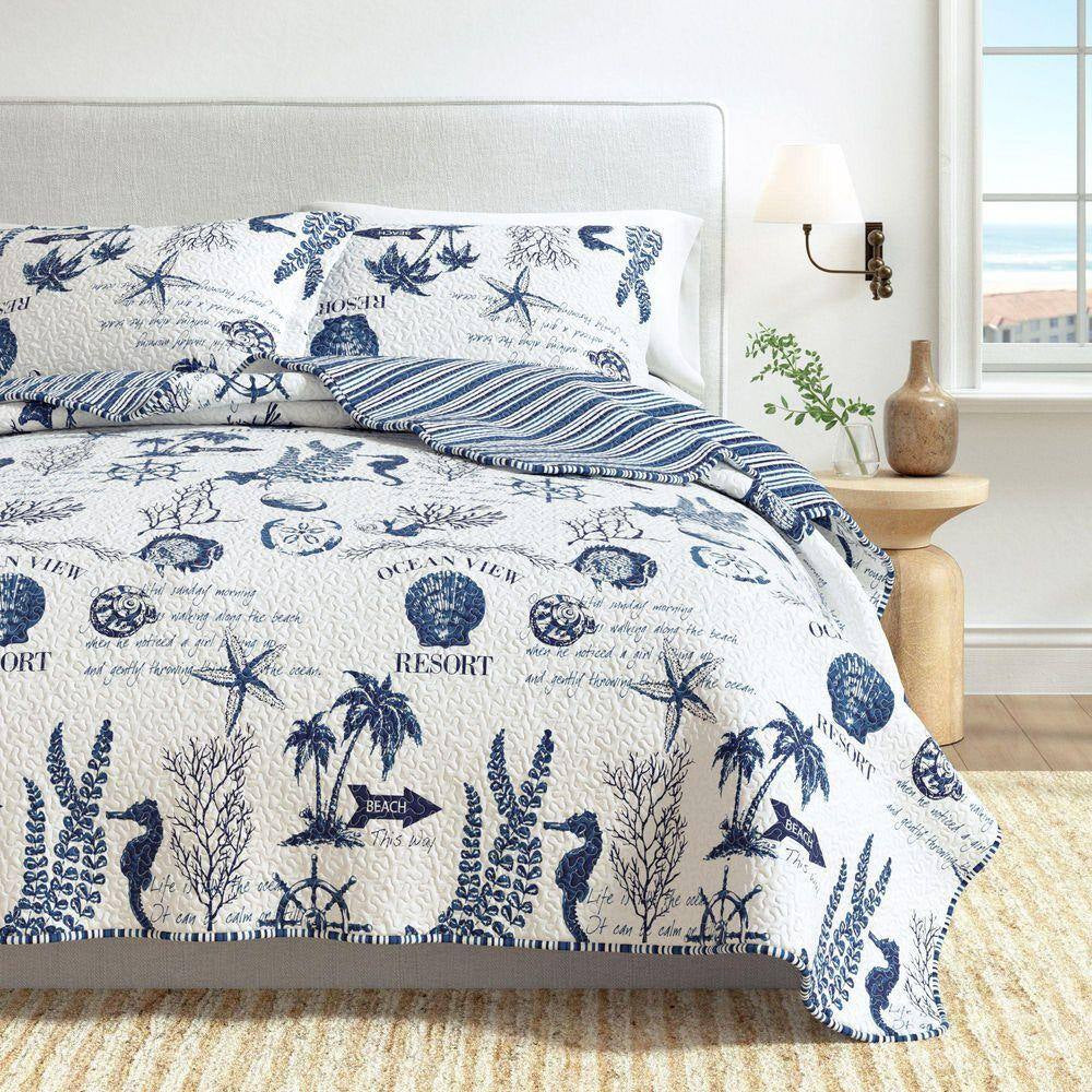 Blue Nautical Coastal Themed Twin Microrfiber 2-Piece Quilt Set Bedspread