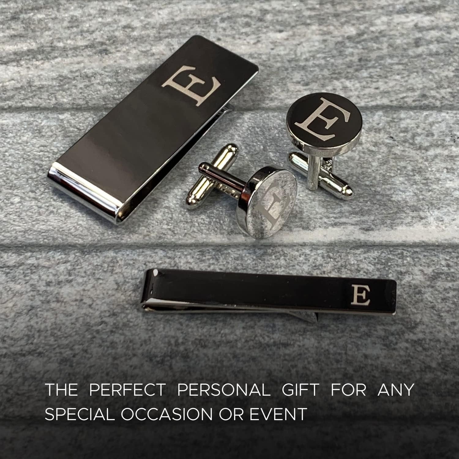 4PC Cufflinks, Tie Bar, Money Clip - Initial A-Z Engraving Alphabet Letter - Mirror Polished Steel Jewelry Set - Men'S Cuff Links Shirt Suit - Fathers Day Wedding Groom Gift Box