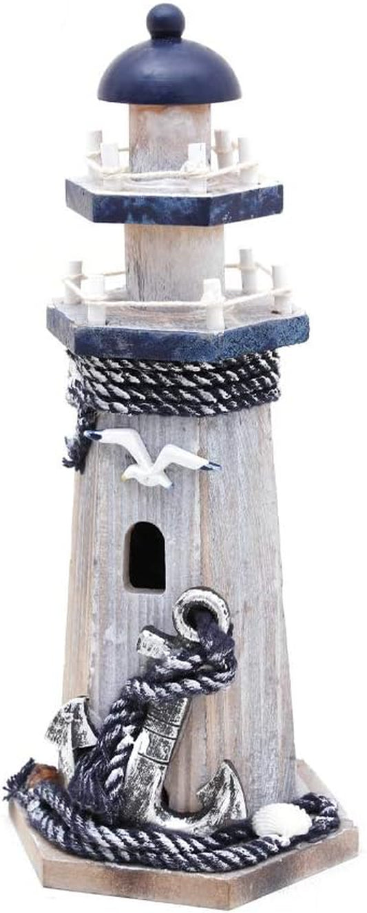 Lighthouse Decor Nautical Decoration Wood Light House Figurine Beach House Coastal Decor Table Ocean Seaside Theme Home Lake House Bathroom Shelf Centerpiece 10.25" Blue