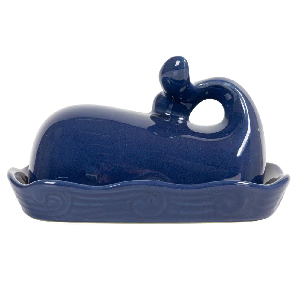 6 Oz. Coastal Stoneware Whale Shaped Butter Dish in Navy Blue