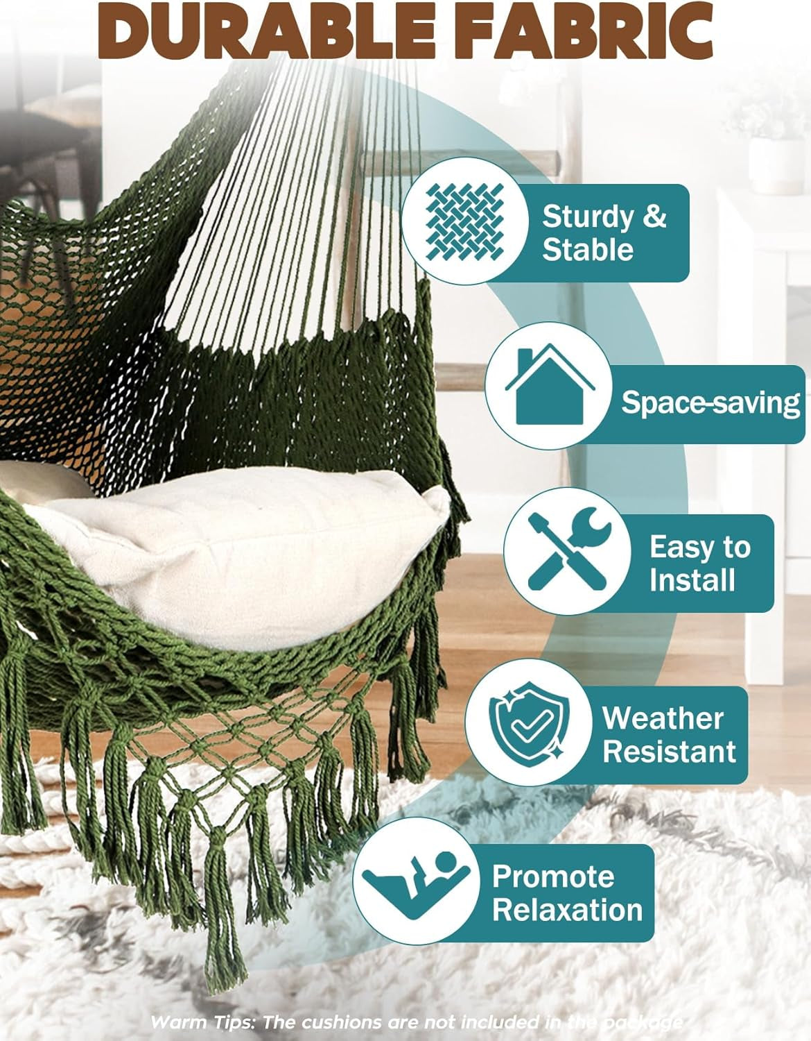 Hammock Chair Handmade Hanging Chair Cotton Rope Woven Hanging Seat Soft-Spun Large Stretch Hammock Swing, Collapsible Strong Metal Spreader Bar Elegant Macrame Comfort Indoor Outdoor Garden