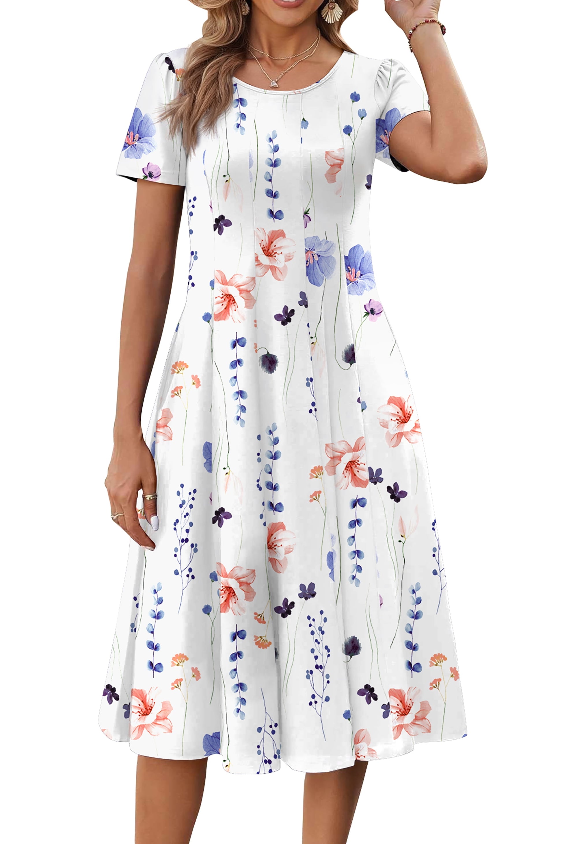 Summer Dresses for Women Casual Short Sleeve Pleated Dress Flowy Floral Dress with Pockets Flare Midi Sundress