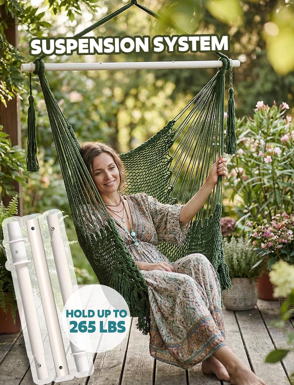 Hammock Chair Handmade Hanging Chair Cotton Rope Woven Hanging Seat Soft-Spun Large Stretch Hammock Swing, Collapsible Strong Metal Spreader Bar Elegant Macrame Comfort Indoor Outdoor Garden