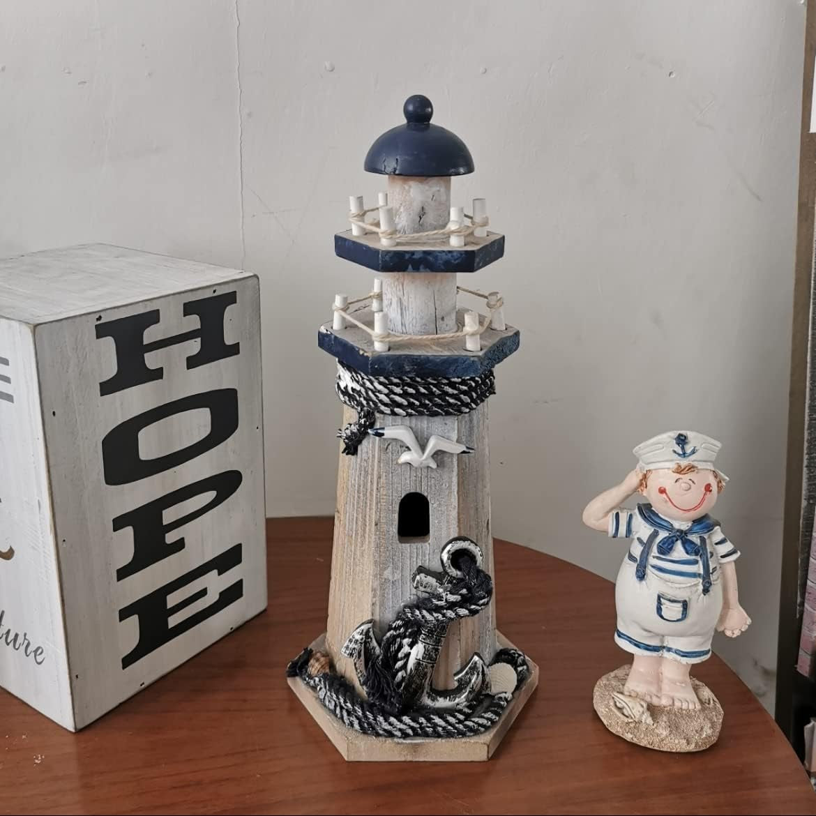 Lighthouse Decor Nautical Decoration Wood Light House Figurine Beach House Coastal Decor Table Ocean Seaside Theme Home Lake House Bathroom Shelf Centerpiece 10.25" Blue