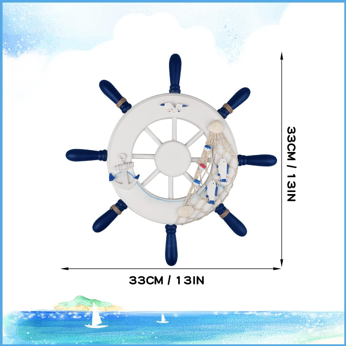 2 Pack 13" Nautical Beach Wooden Ship Wheel and 13" Wood Anchor with Rope Nautical Boat Steering Wheel Rudder Anchor Wall Decor Door Hanging Ornaments Beach Theme Home Wall Decoration