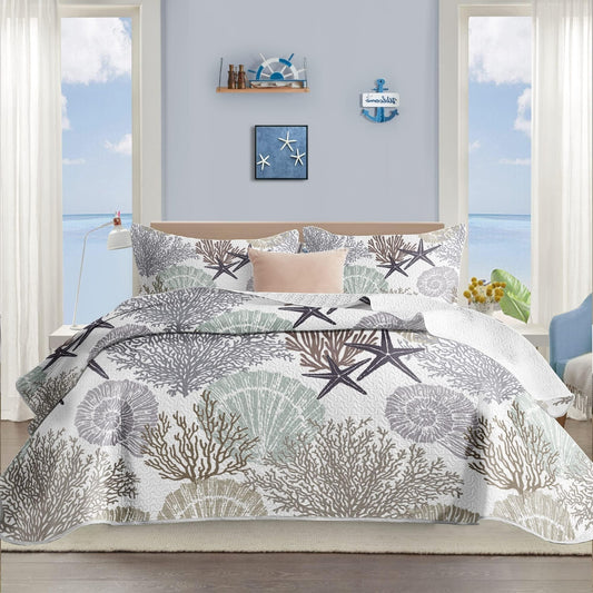 Tritard 3 Piece Coastal Quilt Sets King Size - Reversible Microfiber Quilts W...