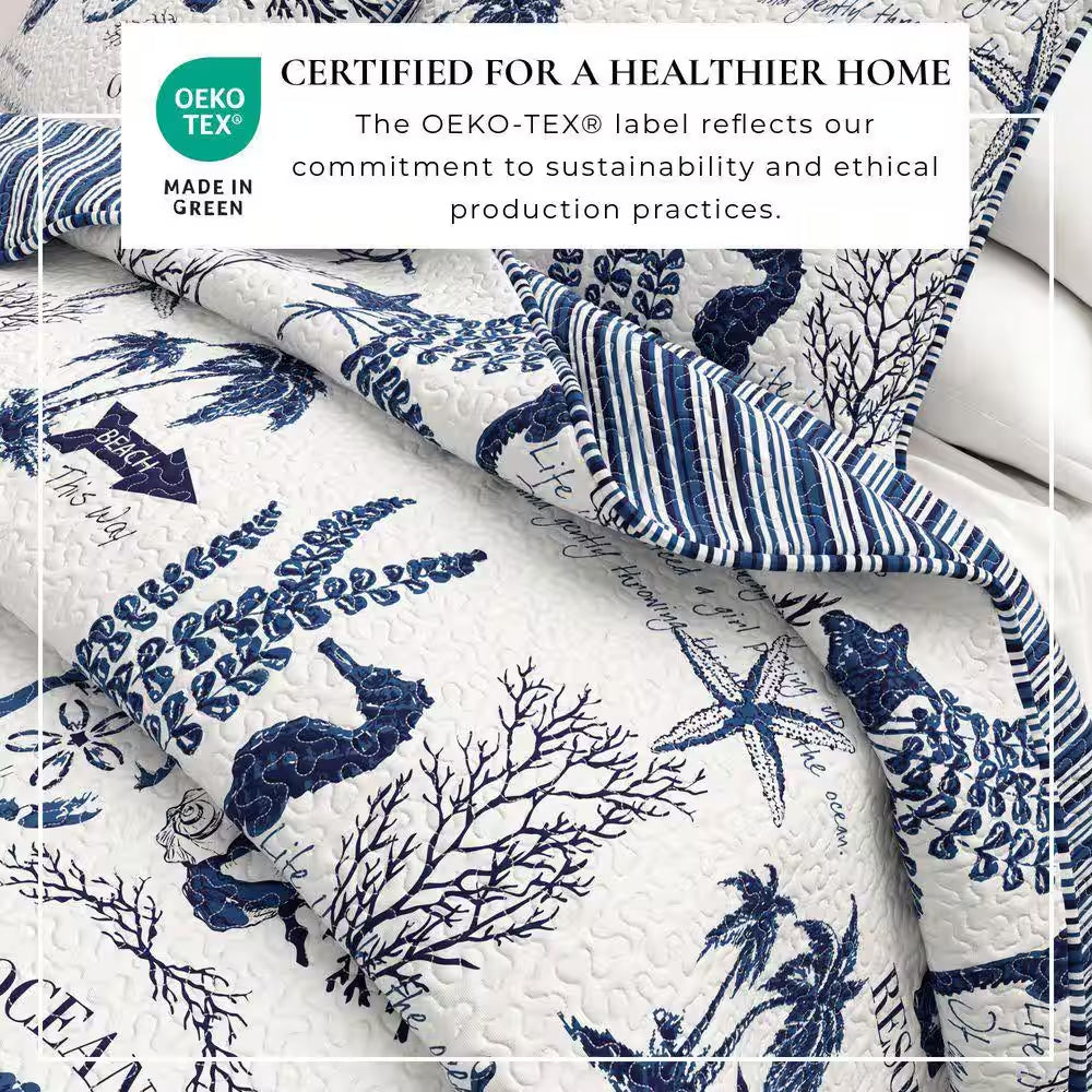 Blue Nautical Coastal Themed Twin Microrfiber 2-Piece Quilt Set Bedspread