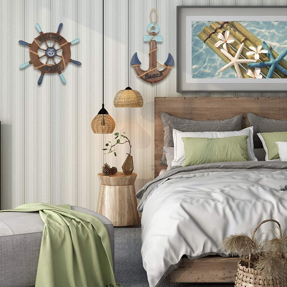 2 Pack 13" Nautical Beach Wooden Ship Wheel and 13" Wooden Anchor with Rope Nautical Boat Steering Wheel Rudder Anchor Wall Art Decor Door Hanging Ornament Beach Theme Home Decoration(Retro Brown)