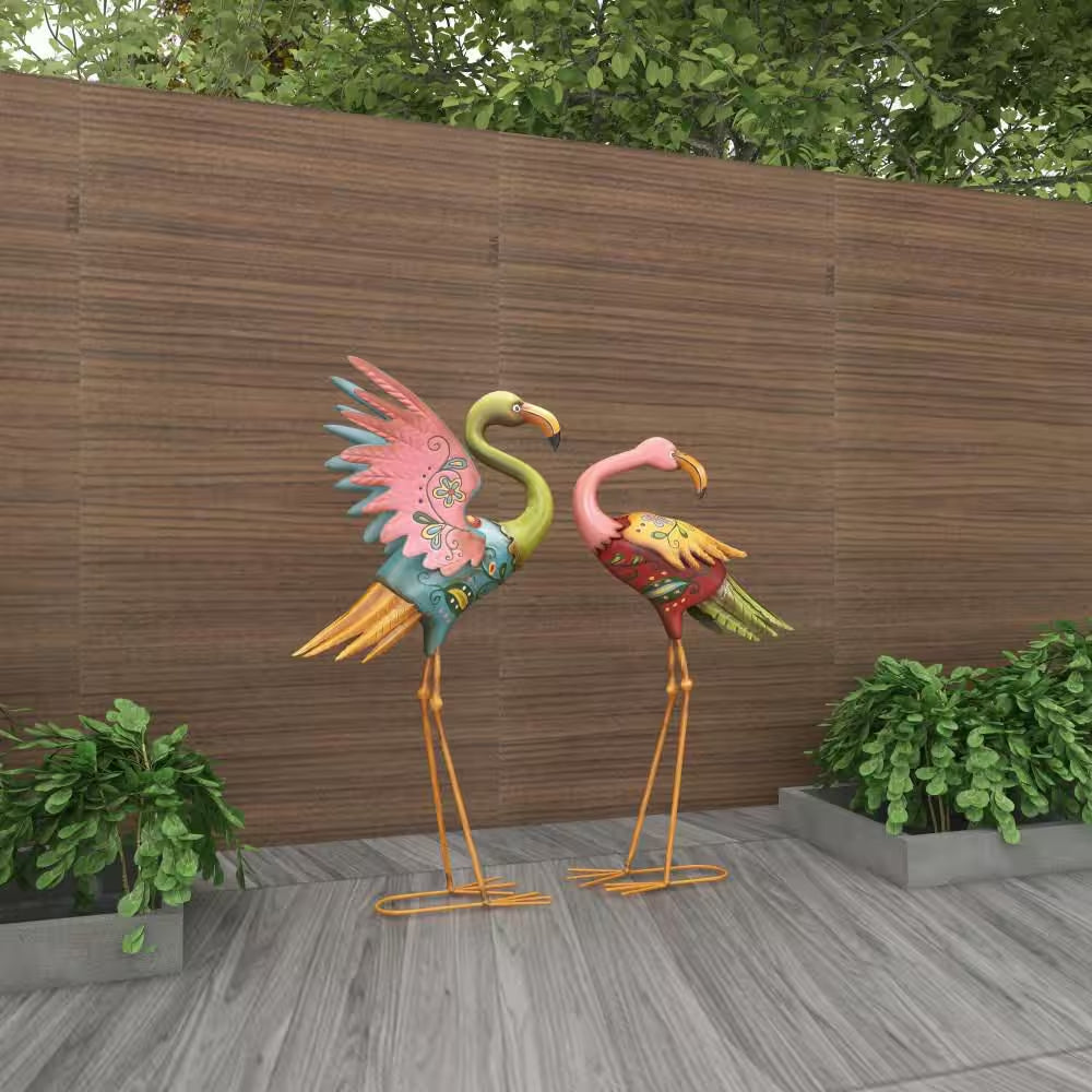 28 In. Large Metal Indoor Outdoor Embossed Standing Flamingo Garden Sculpture with Coiled U Shaped Feet (2- Pack)