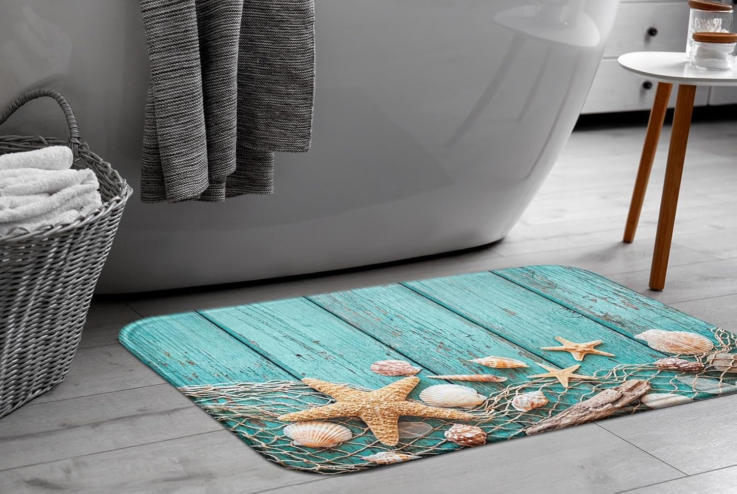 Bath Mat for Bathroom, Beach Seashells Starfish Sand Washable Cover Floor Rug Carpets Floor Mat Bathroom Decorations 16X24 Inches for Kitchen Bedroom Indoor