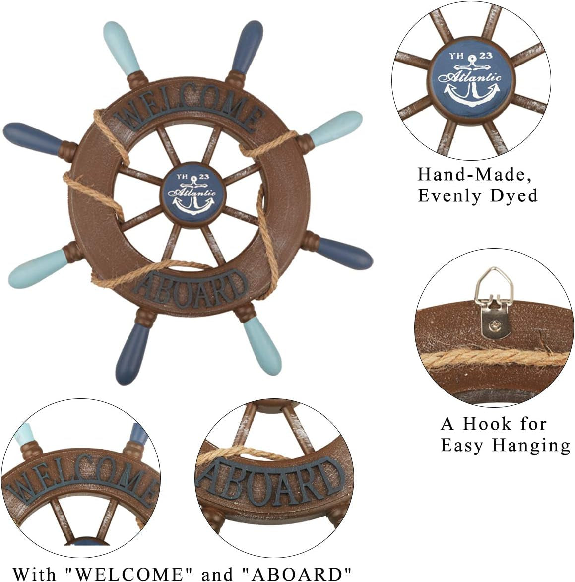 2 Pack 13" Nautical Beach Wooden Ship Wheel and 13" Wooden Anchor with Rope Nautical Boat Steering Wheel Rudder Anchor Wall Art Decor Door Hanging Ornament Beach Theme Home Decoration(Retro Brown)
