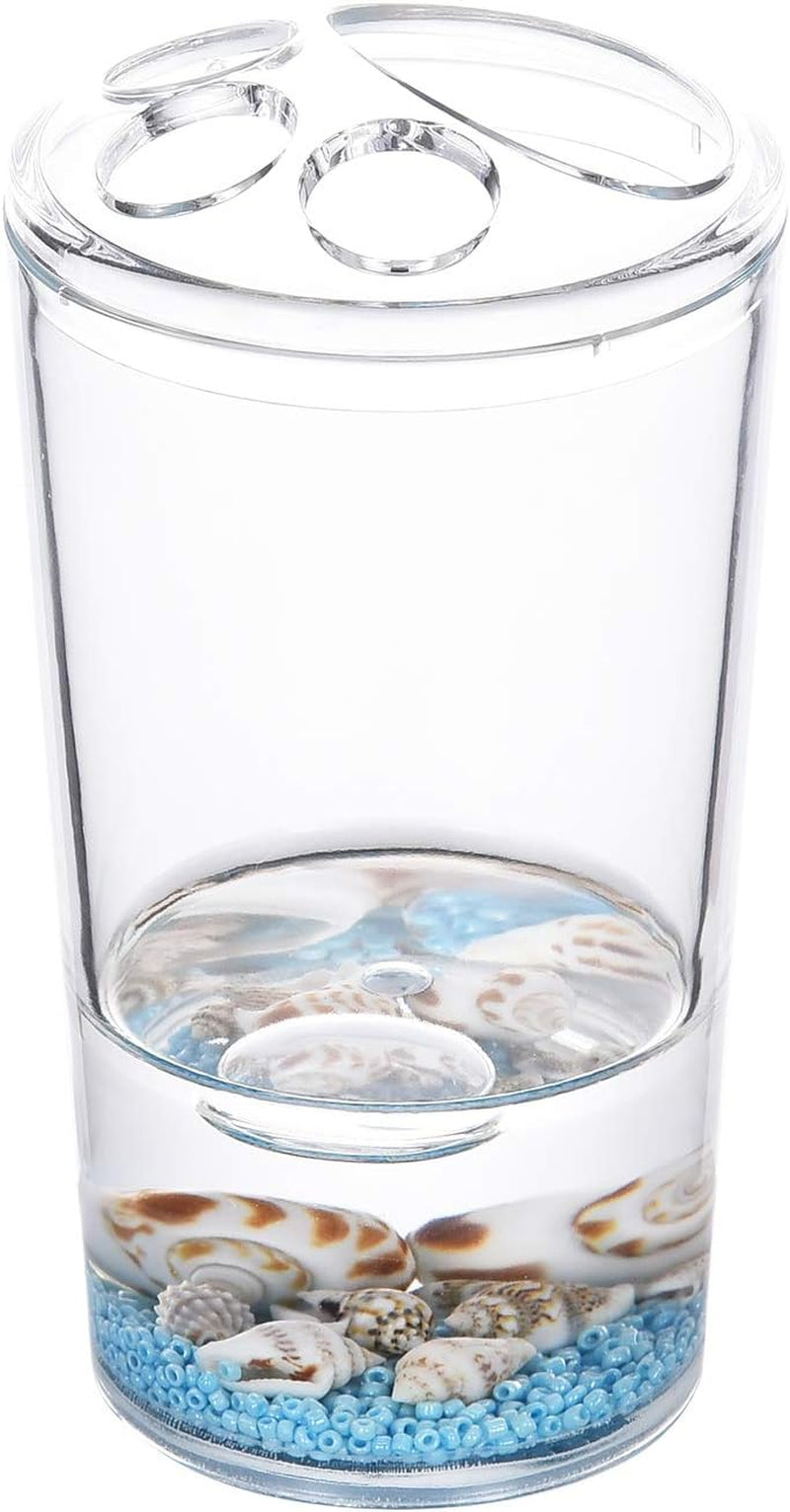 4 Piece Acrylic Liquid 3D Floating Motion Bathroom Vanity Accessory Set Oceam Theme Sea Shell Conch Toothbrush Holder, Tumbler, Soap Dispenser, Soap Dish