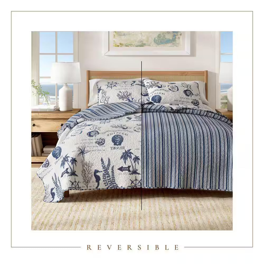 Blue Nautical Coastal Themed Twin Microrfiber 2-Piece Quilt Set Bedspread