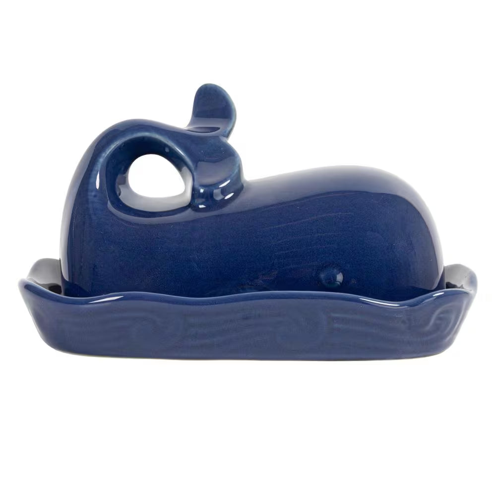 6 Oz. Coastal Stoneware Whale Shaped Butter Dish in Navy Blue