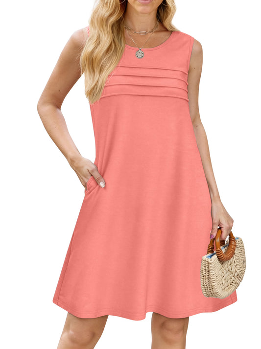 Pleated Tank Dresses for Women Fashion Summer Sleeveless Sundress Casual Beach Dress with Pockets
