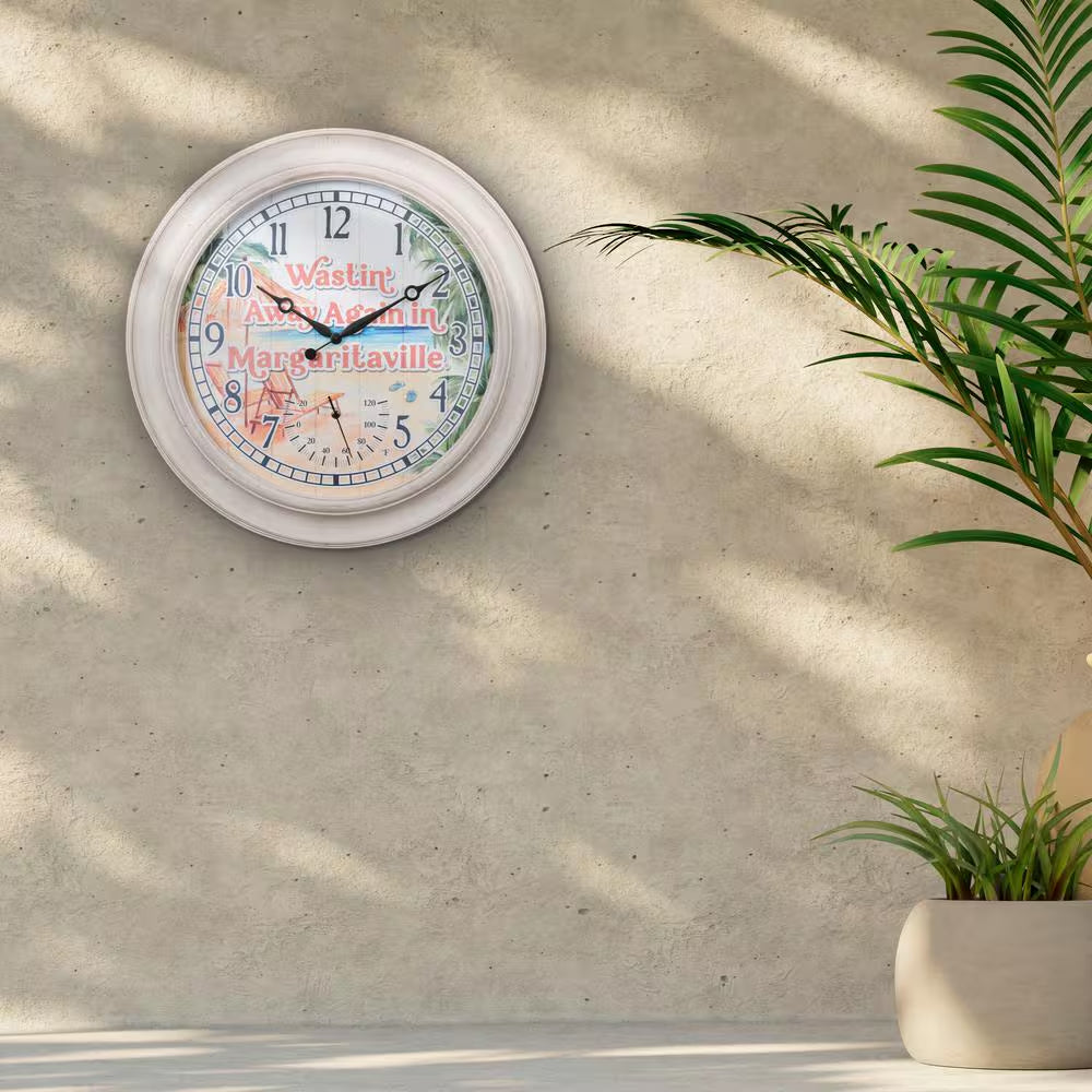 26.2 In. Indoor/Outdoor Whitewashed Margaritaville Analog Quartz Wall Clock with Temperature