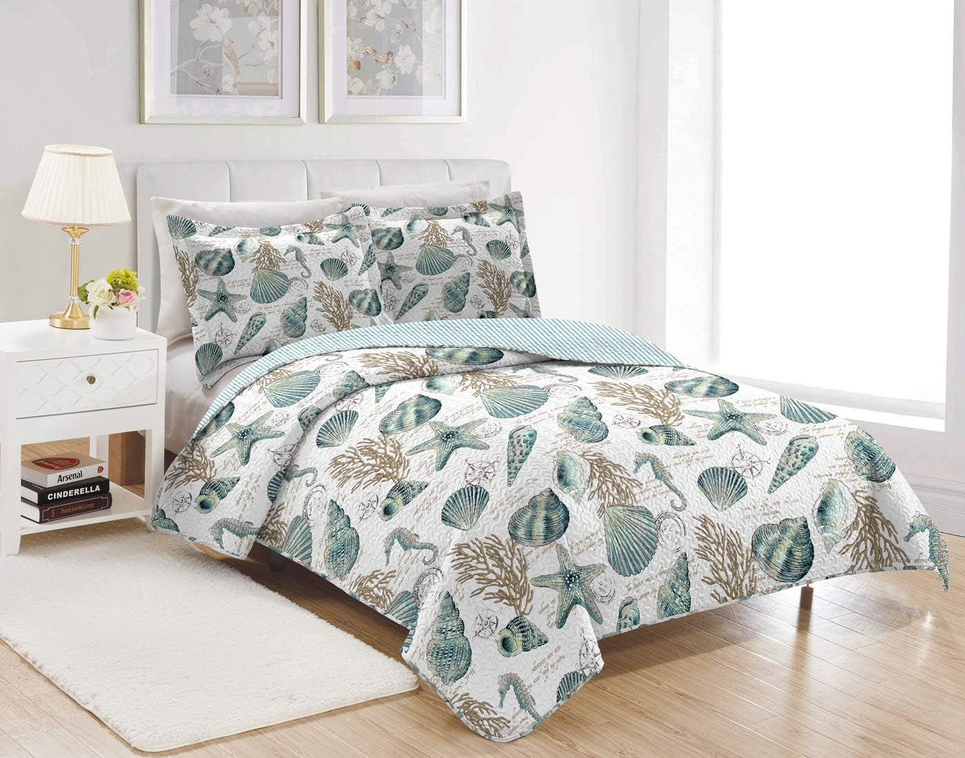 3 Pieces Beach Shell Bedspread Twin Size Ocean Theme Seashell Conch Summer Quilt Lightweight Thin Reversible Conch Shell Hippocampus Starfish Coral Printed Coverlet Set Coastal Bedding-Blue White