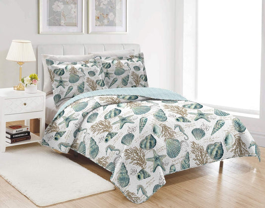 3 Pieces Beach Shell Bedspread Twin Size Ocean Theme Seashell Conch Summer Quilt Lightweight Thin Reversible Conch Shell Hippocampus Starfish Coral Printed Coverlet Set Coastal Bedding-Blue White