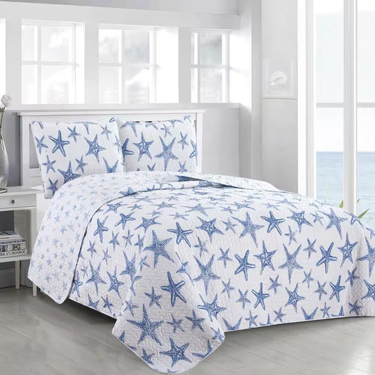 Blue Full/Queen Starfish Coastal Reversible 3-Piece Microfiber Quilt Set Bedspread