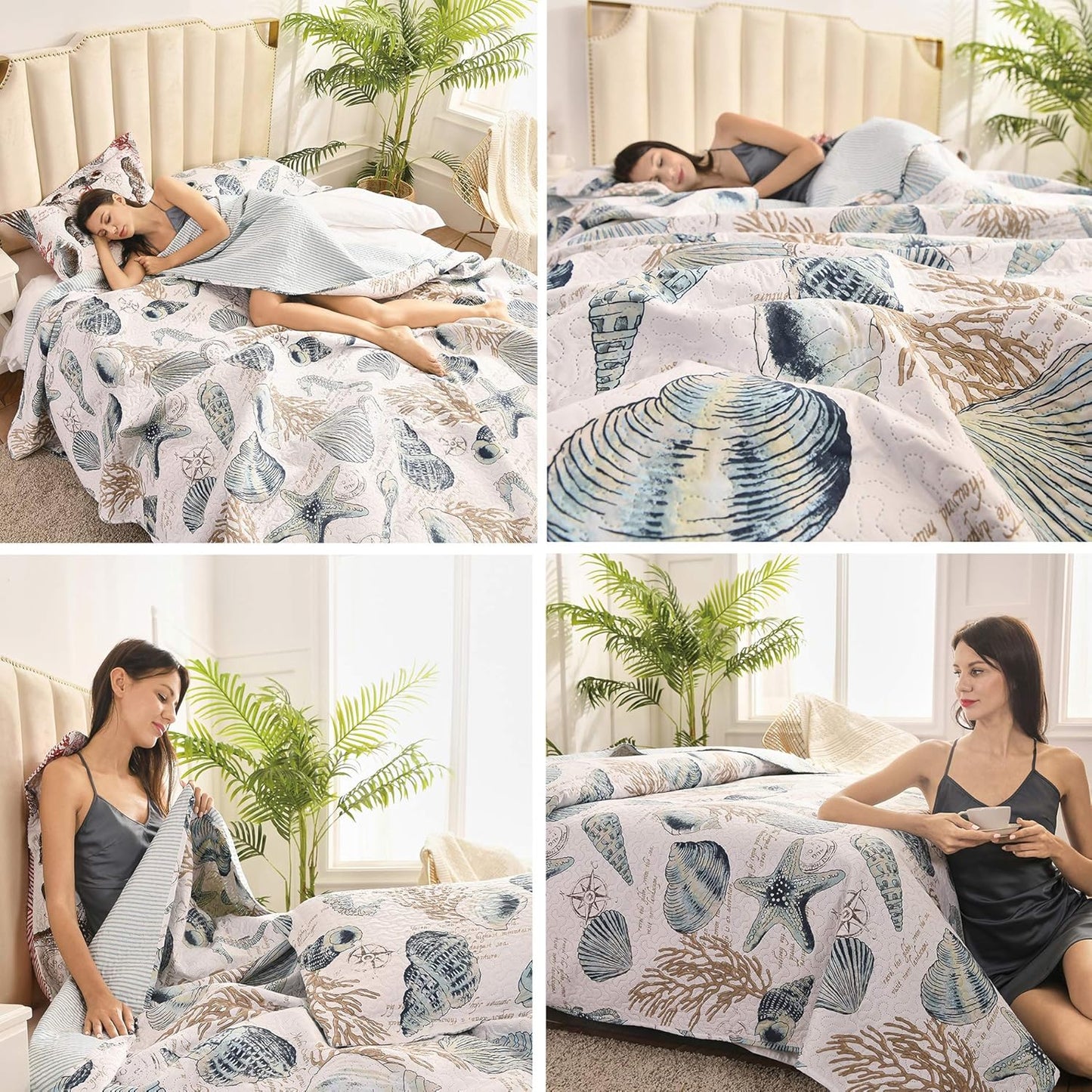 3 Pieces Beach Shell Bedspread Twin Size Ocean Theme Seashell Conch Summer Quilt Lightweight Thin Reversible Conch Shell Hippocampus Starfish Coral Printed Coverlet Set Coastal Bedding-Blue White