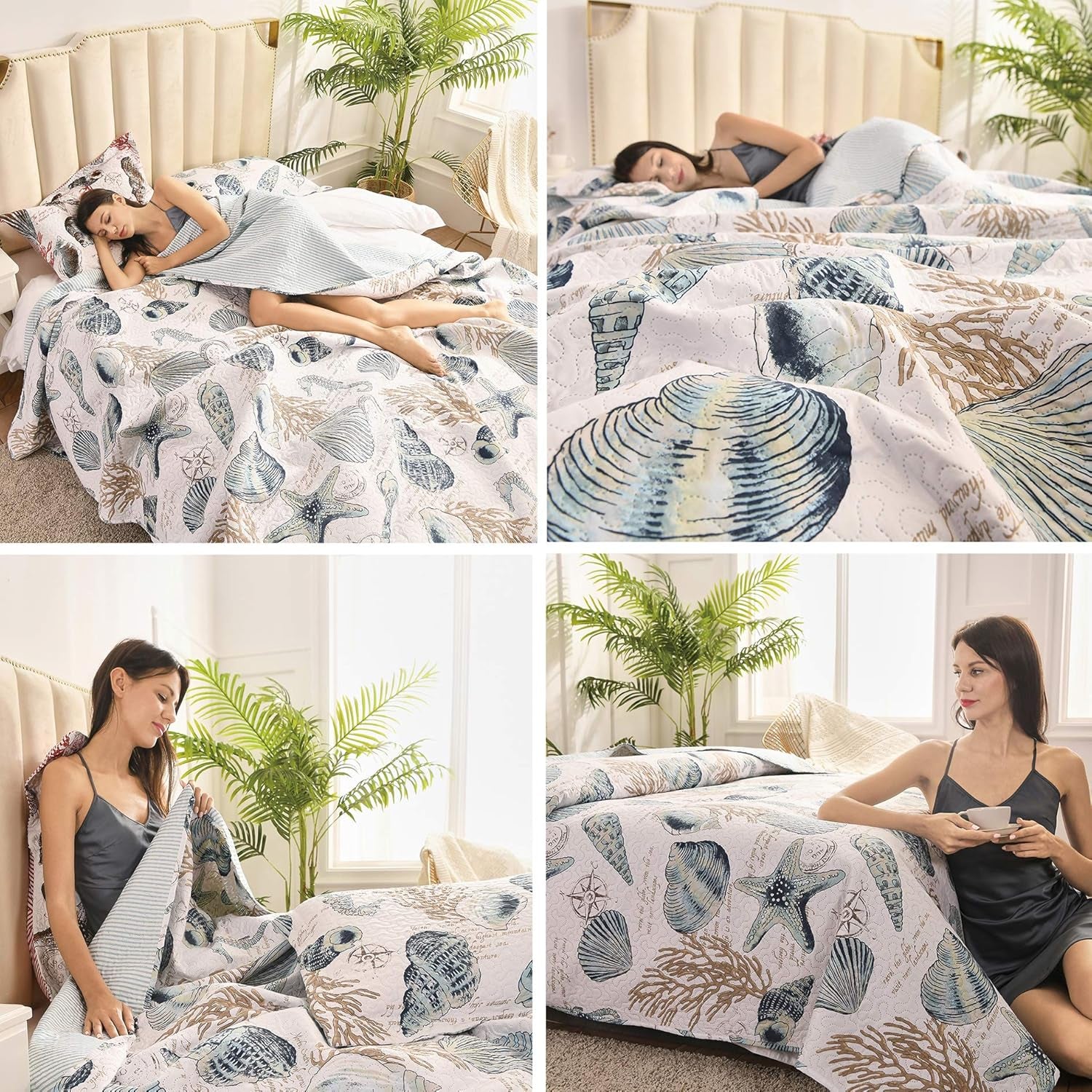 3 Pieces Beach Shell Bedspread Twin Size Ocean Theme Seashell Conch Summer Quilt Lightweight Thin Reversible Conch Shell Hippocampus Starfish Coral Printed Coverlet Set Coastal Bedding-Blue White