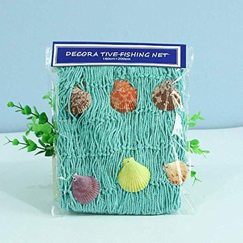 Nature Fish Net Wall Decoration with Shells, Ocean Themed Wall Hangings Fishing Net Party Decor for Pirate Party,Wedding,Photographing Decoration (Aqua)