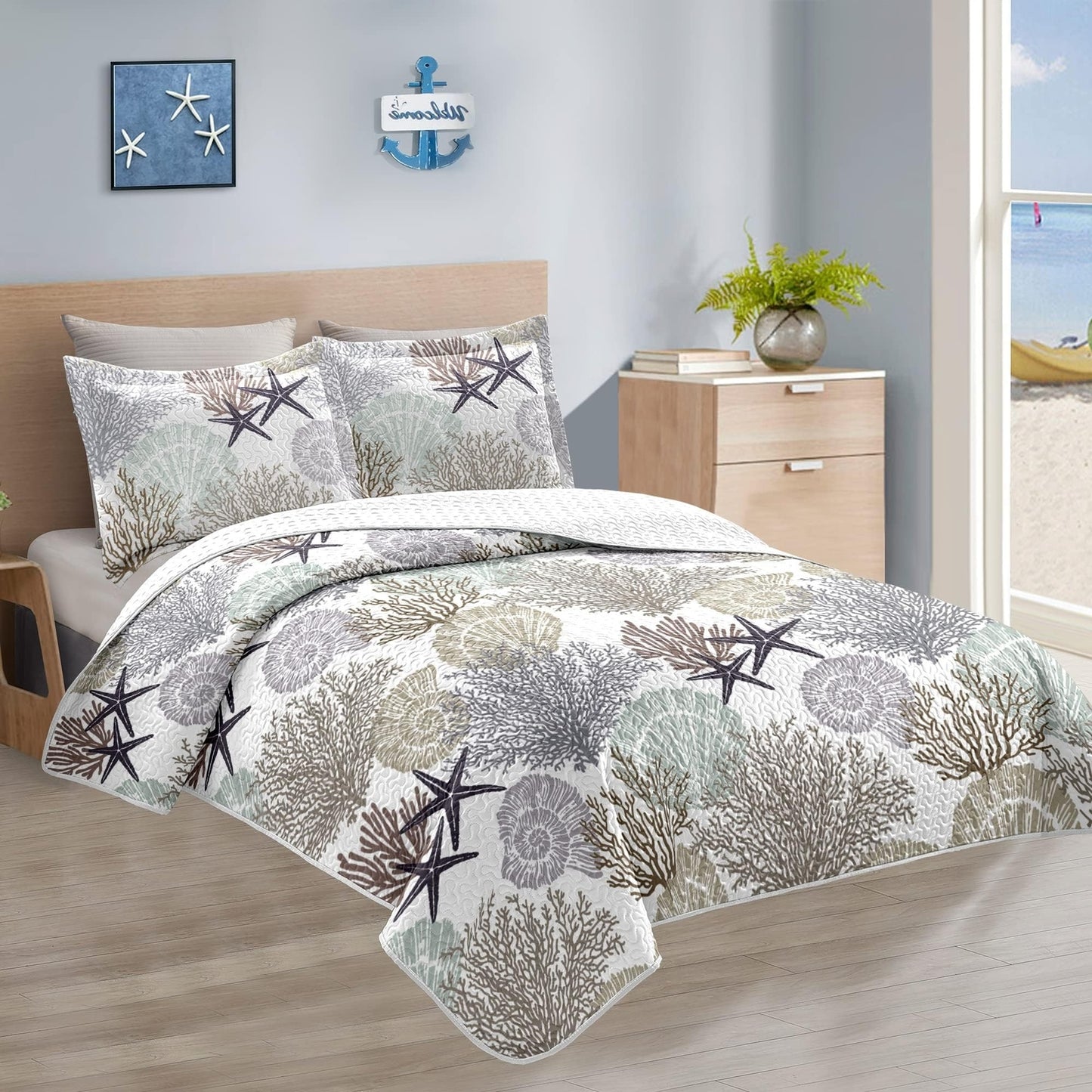 Tritard 3 Piece Coastal Quilt Sets King Size - Reversible Microfiber Quilts W...