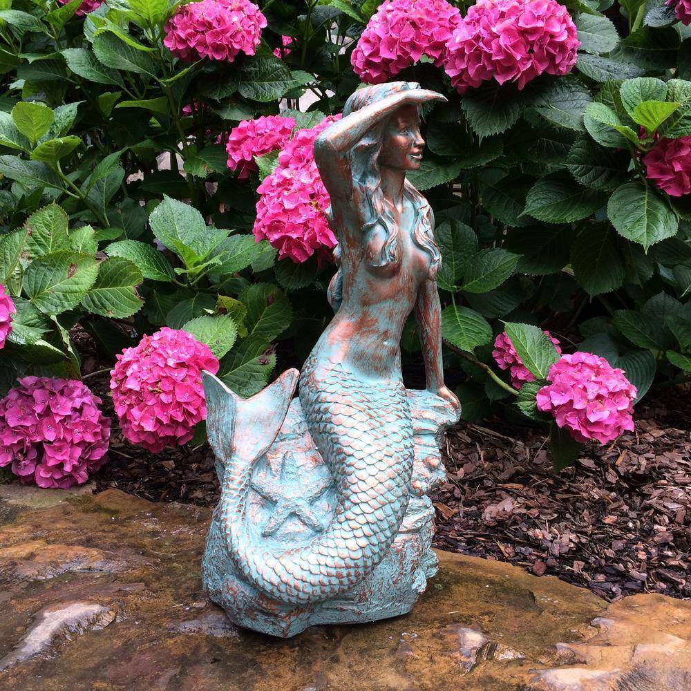 22 In. Classic Mermaid Bronze Patina Sitting on Coastal Rock Beach Collectible Statue
