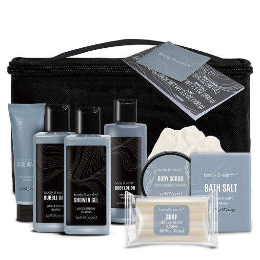 Gift Baskets for Men Bath Set  Leathers Mens Body Wash Set with Body Lotion, Face Wash, Shower Gel, Bubble Bath, Loofah, Regalos Para Hombre, Birthday Fathers Day Gifts