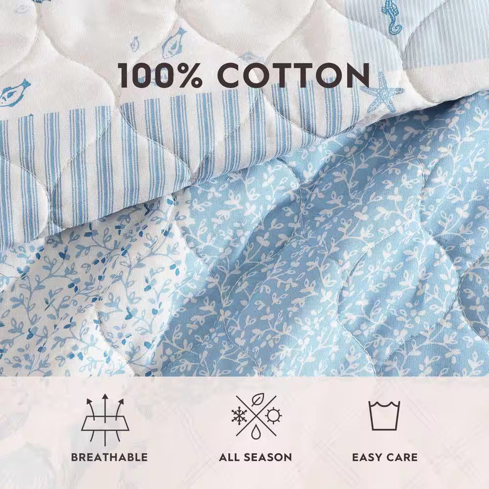 Colleen'S Coastal Patchwork 2-Piece Blue 100% Cotton Twin Quilt Set