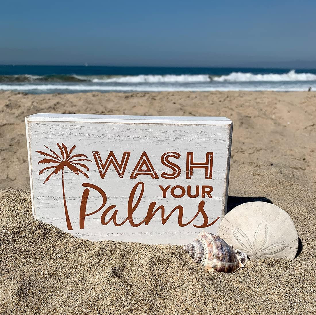 Wash Your Palms Wood Bathroom Sign, Palm Tree Decor, Beach Themed Bathroom Decor, Beachy Decorations Home Decor, Coastal Shelf or Wall Decor - White
