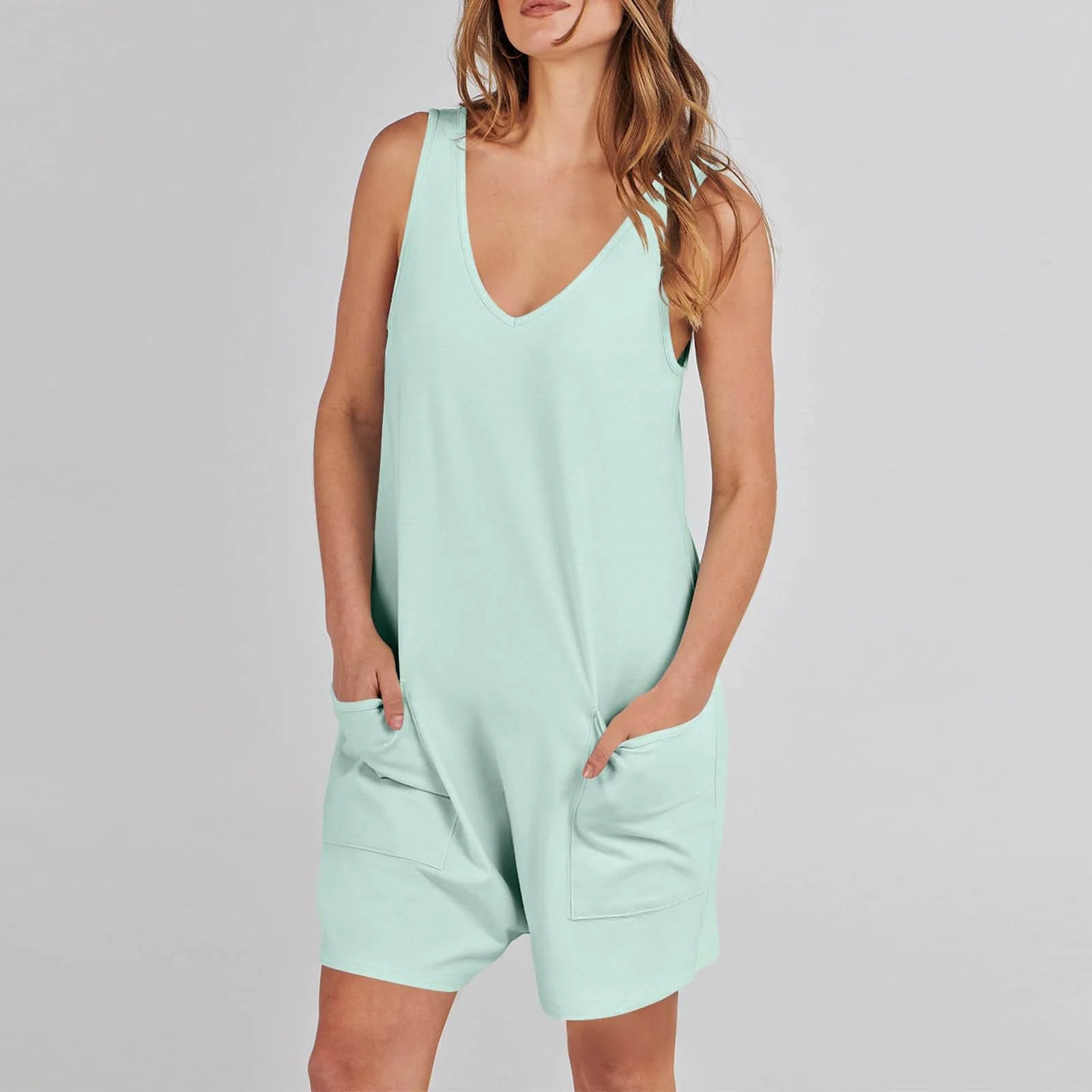 Summer 2026 Short Jumpsuits for Women Casual Rompers Sleeveless Loose Spaghetti Strap Shorts Overalls Jumpers with Pockets Light Blue,L