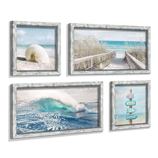 Ocean Wall Art Wooden Framed: Beach Artwork Coastal Prints Set of 4 Seascape ...
