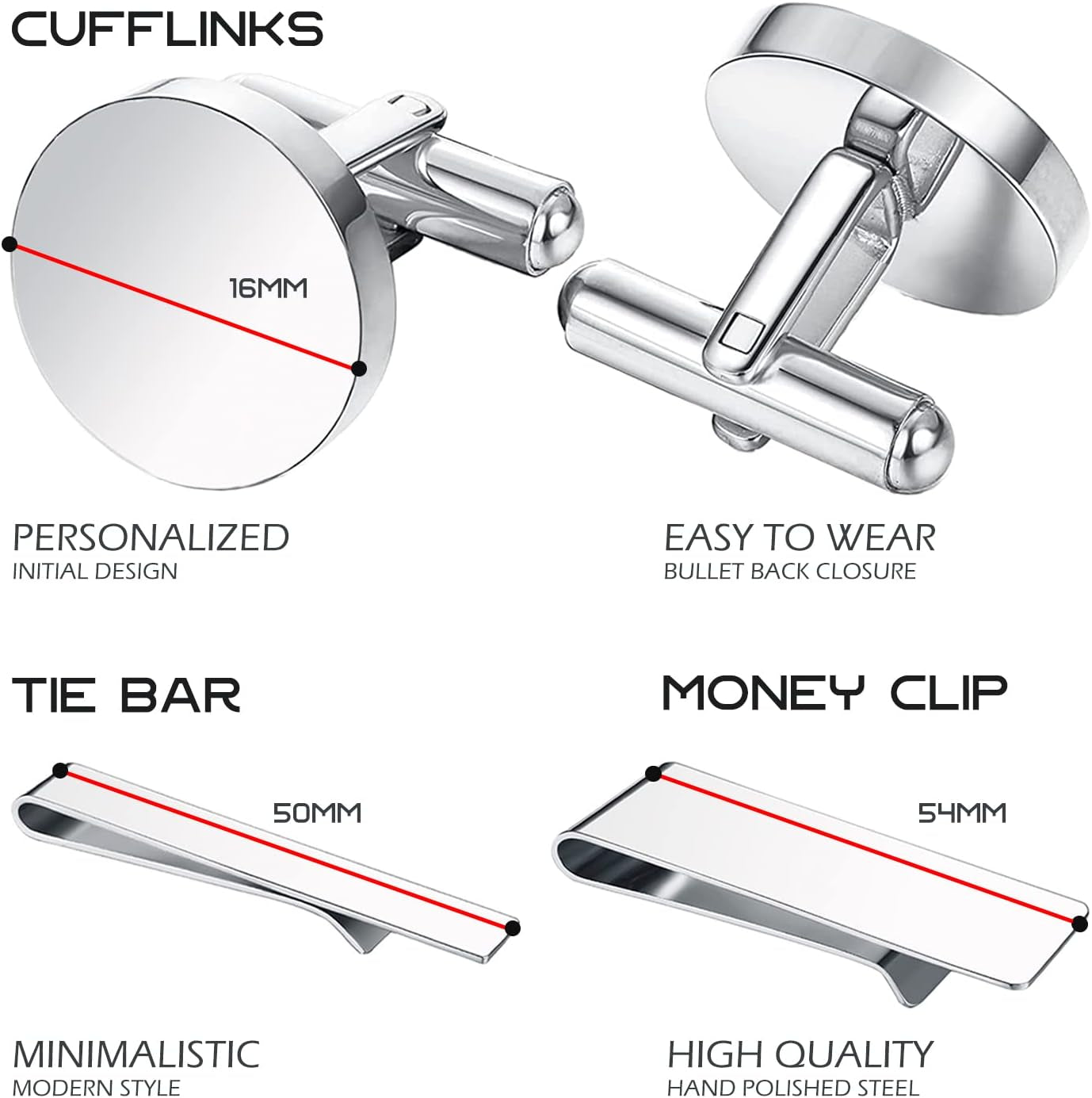 4PC Cufflinks, Tie Bar, Money Clip - Initial A-Z Engraving Alphabet Letter - Mirror Polished Steel Jewelry Set - Men'S Cuff Links Shirt Suit - Fathers Day Wedding Groom Gift Box