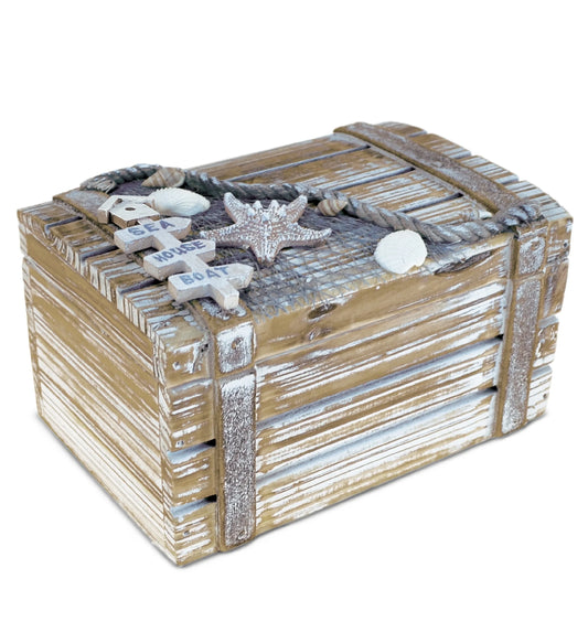 Cota Global Baja Beach Medium Wooden Jewelry Box - Handcrafted Nautical Trinket with Seashell and Starfish Decorations Accent Tabletop Home Decor, Jewelry Storage - 6.75 Inch
