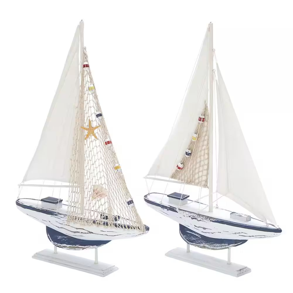 Oriana White 17 In. X 25 In. Wood Sail Boat Sculpture (Set of 2)